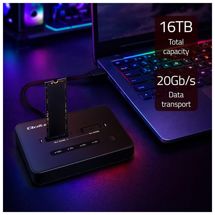 Qoltec 52366 M.2 NVMe SSD Docking Station | PCIe | USB-C | 20 Gb/s | DUAL 2 x 8TB | Offline cloning