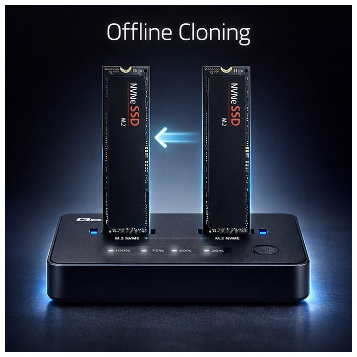 Qoltec 52366 M.2 NVMe SSD Docking Station | PCIe | USB-C | 20 Gb/s | DUAL 2 x 8TB | Offline cloning
