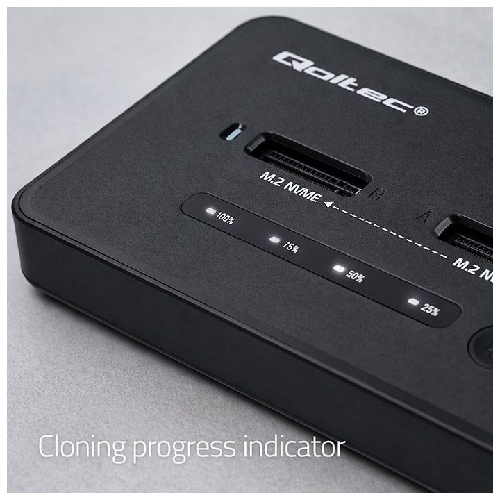 Qoltec 52366 M.2 NVMe SSD Docking Station | PCIe | USB-C | 20 Gb/s | DUAL 2 x 8TB | Offline cloning