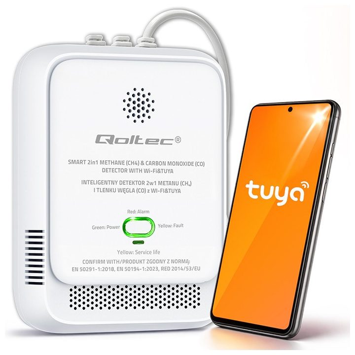 Qoltec 52654 2in1 natural gas and carbon monoxide (CO) leak detector | CH4 | CO | NG | Tuya | Wi-Fi | 85dB alarm | LED