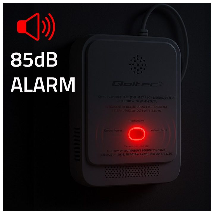 Qoltec 52654 2in1 natural gas and carbon monoxide (CO) leak detector | CH4 | CO | NG | Tuya | Wi-Fi | 85dB alarm | LED