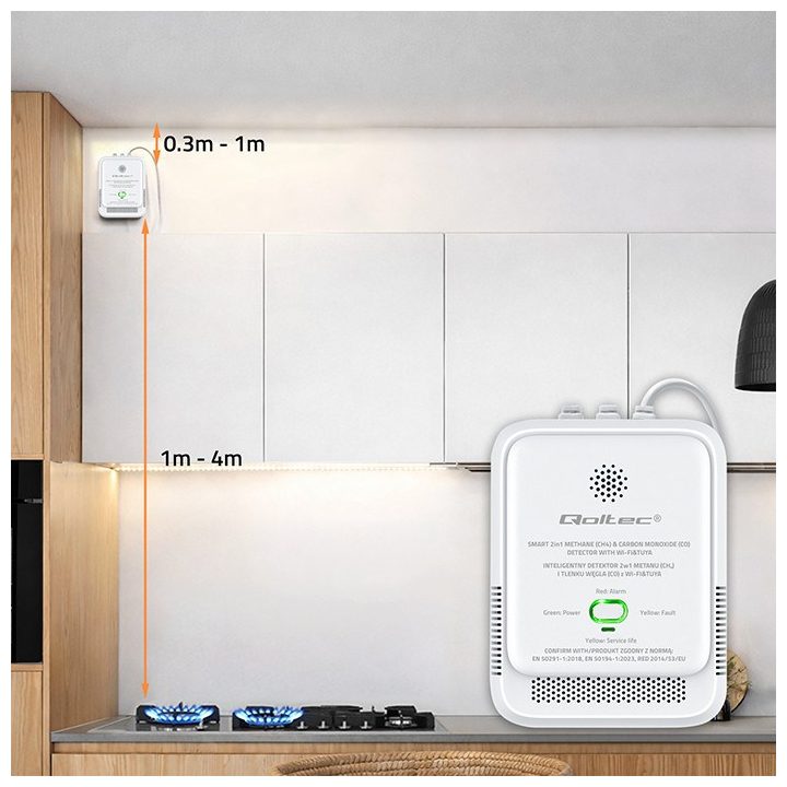 Qoltec 52654 2in1 natural gas and carbon monoxide (CO) leak detector | CH4 | CO | NG | Tuya | Wi-Fi | 85dB alarm | LED