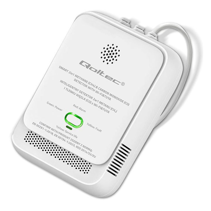 Qoltec 52654 2in1 natural gas and carbon monoxide (CO) leak detector | CH4 | CO | NG | Tuya | Wi-Fi | 85dB alarm | LED
