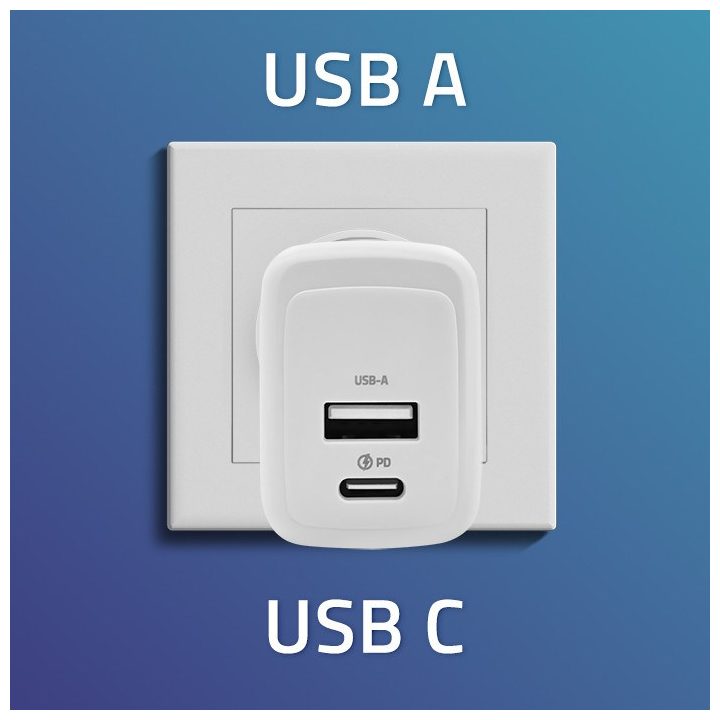 Qoltec 51825 GaN 45W charger| 5-20V | 1.5-3A | 1 x USB-C PD | 1x USB QC 3.0 | White