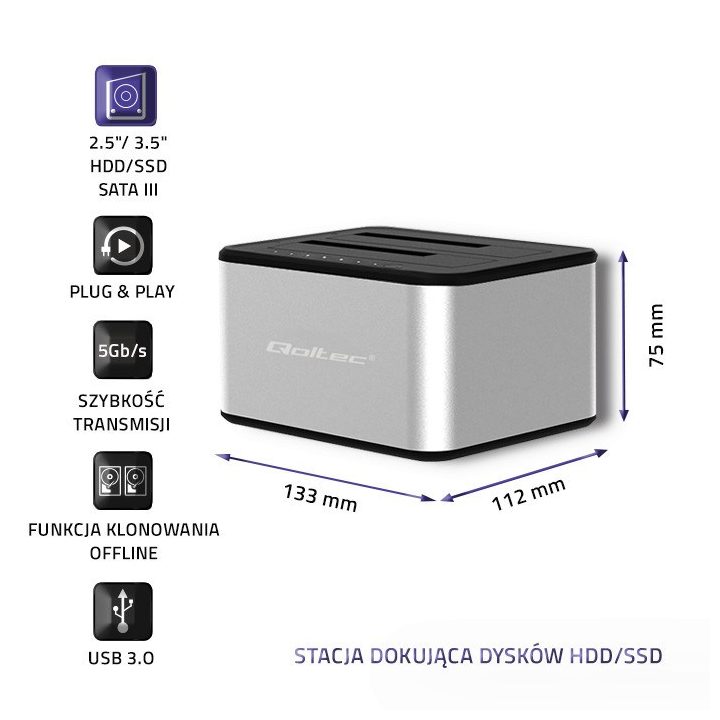 Qoltec 5316 2x HDD / SSD docking station | 2.5 /3.5 SATA | USB 3.0 | Clonning