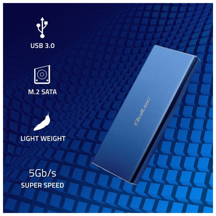 Qoltec 51832 Enclosure | M.2 SSD drive | SATA | NGFF| USB 3.0 | Super speed 5Gb/s | 2TB | Blue