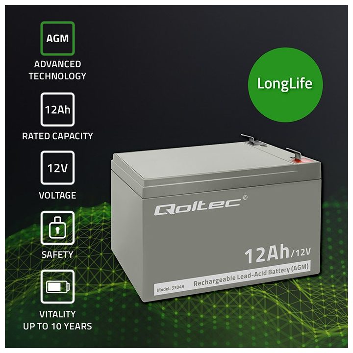 Qoltec 53049 AGM battery | 12V | 12Ah