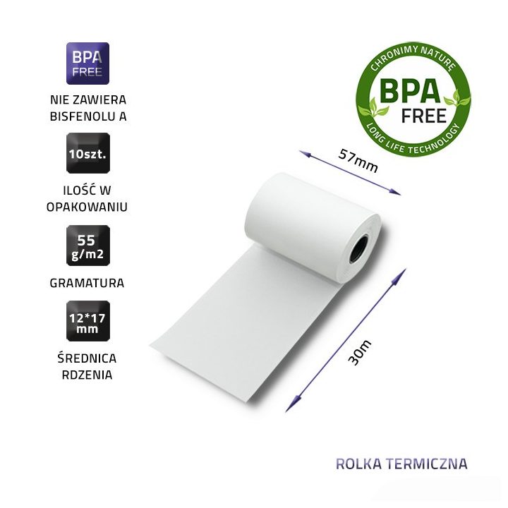 Qoltec 51895 Thermal roll 57 x 30 | 55g / m2 | 10 pcs. | BPA free