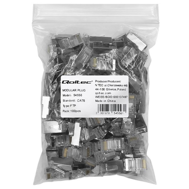 Qoltec 54556 RJ45 modular connector | CAT6 | FTP |Gold-plated contacts | 100 pieces