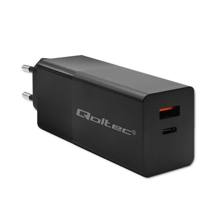 Qoltec 52382 GaN POWER PRO charger | 1xUSB type C | 1xUSB A | 100W | 5-20V | 1.5-5A | PD | Black