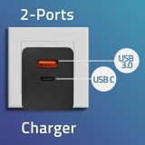 Qoltec 52382 GaN POWER PRO charger | 1xUSB type C | 1xUSB A | 100W | 5-20V | 1.5-5A | PD | Black