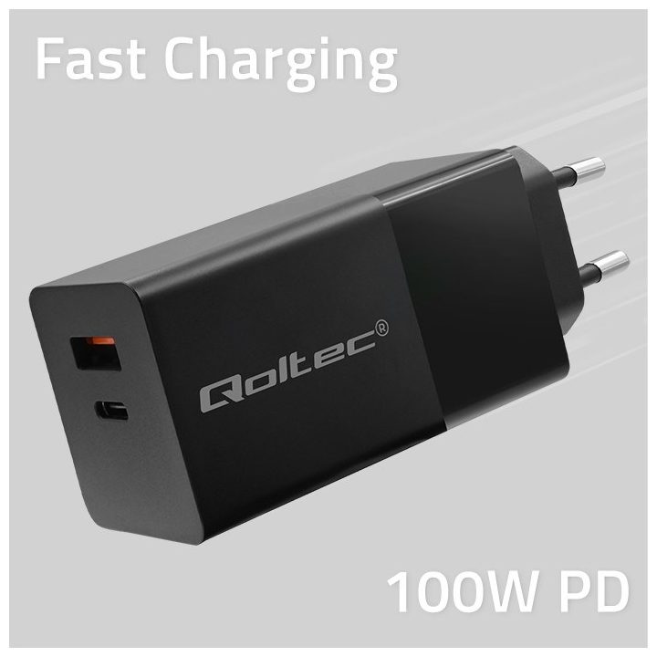 Qoltec 52382 GaN POWER PRO charger | 1xUSB type C | 1xUSB A | 100W | 5-20V | 1.5-5A | PD | Black