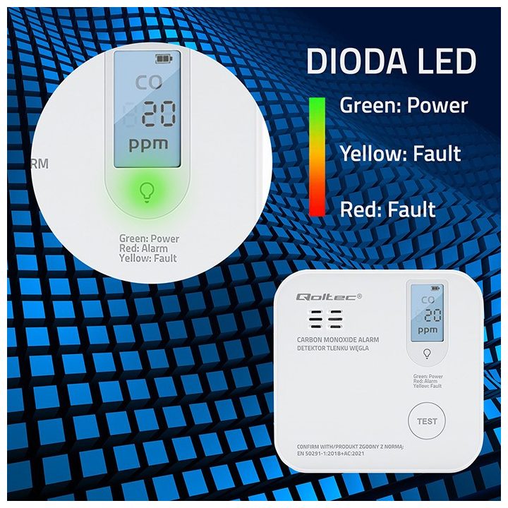 Qoltec 52577 Wireless Carbon monoxide (CO) sensor with battery | sensor service life 10 years | alarm 85dB | LED