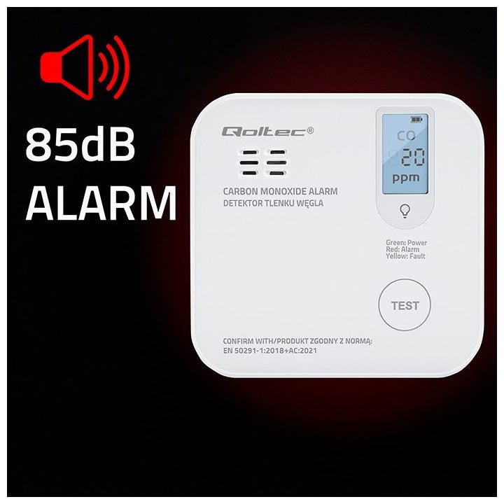 Qoltec 52577 Wireless Carbon monoxide (CO) sensor with battery | sensor service life 10 years | alarm 85dB | LED