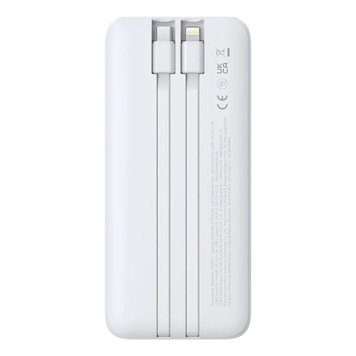 Powerbank Baseus Lipow 10000mAh 22 5W con due cavi integrati (con cavo Baseus Simple USB-A - USB-C 3A 20cm) - bianco