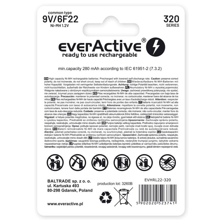 Batterie ricaricabili everActive Ni-MH 6F22 9V 320 mAh Professional Line