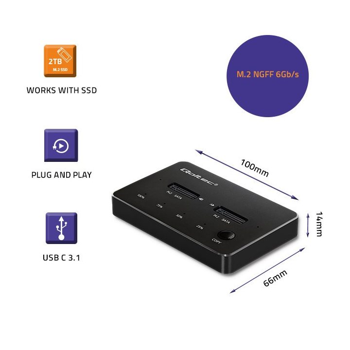Qoltec 50310 Drive docking station 2x SSD M.2 SATA | NGFF | USB Type C