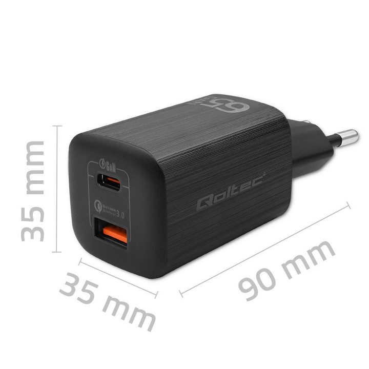 Qoltec 50766 mobile device charger Laptop Portable gaming console Power bank Smartphone Smartwatch Tablet Black AC Fast charging