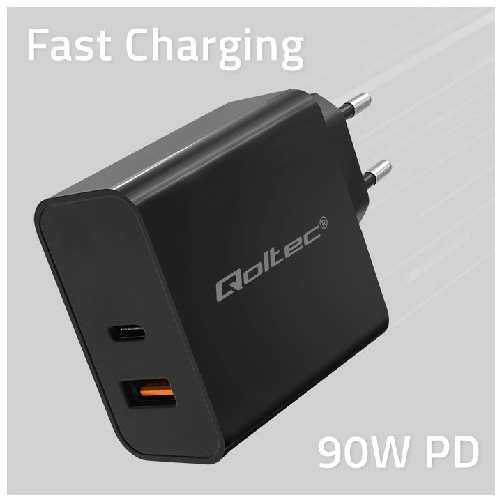 Qoltec 52381 Super Quick PD charger | 1xUSB-C | 1xUSB| 90W | 5-20V | 2.4-4.35A | Black
