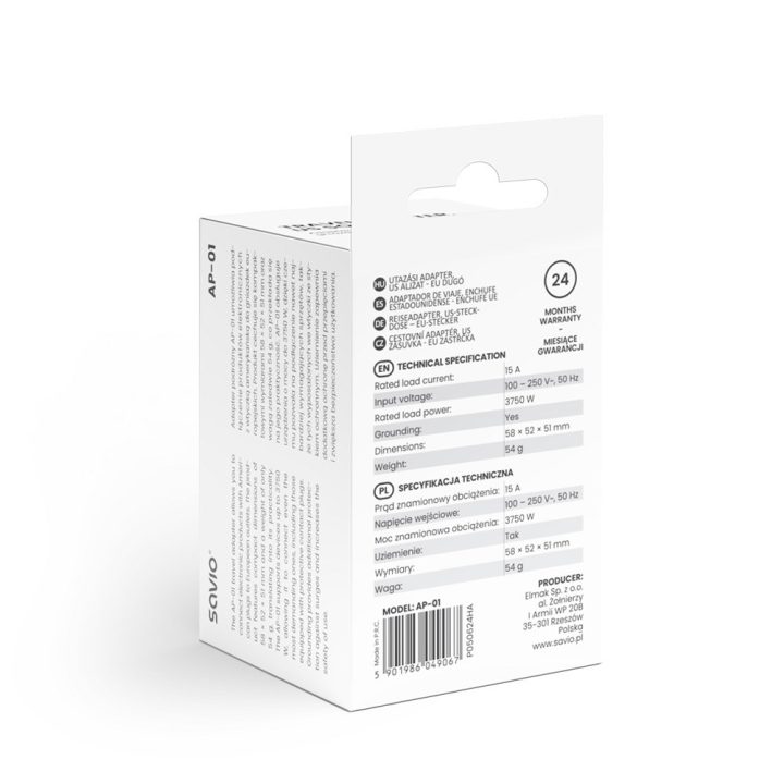 SAVIO AP-01 Travel Adapter US socket – EU plug