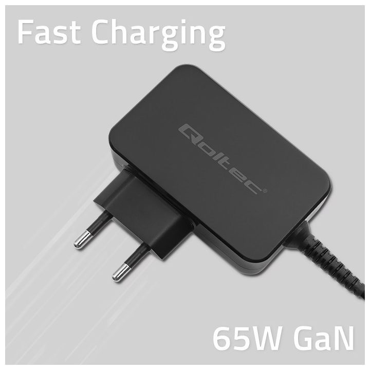 Qoltec 52386 GaN POWER PRO charger | 1xUSB-C | 65W | 5-20V | 3-3.25A | Black