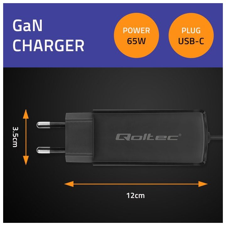 Qoltec 52419 65W GaN Super Fast Charger| 5-20V | 3-3.25A | USB-C 3.1