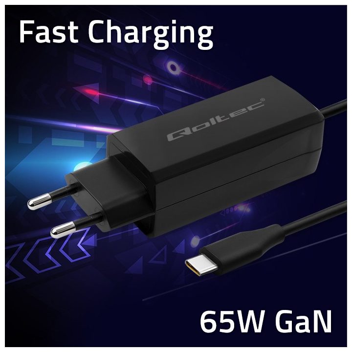 Qoltec 52419 65W GaN Super Fast Charger| 5-20V | 3-3.25A | USB-C 3.1