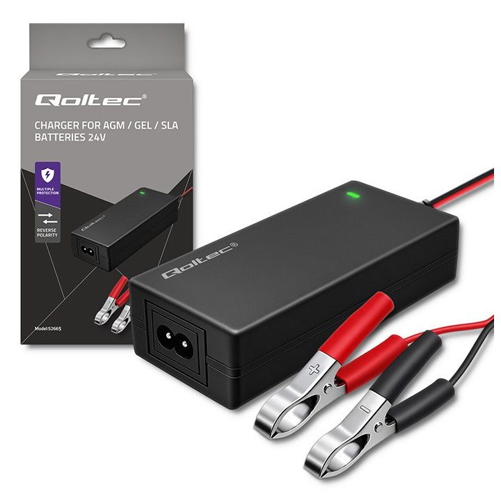 Qoltec 52665 Automatic charger for AGM GEL STD batteries | 24V charger | 2A | 48W | LED | 1.8m cable