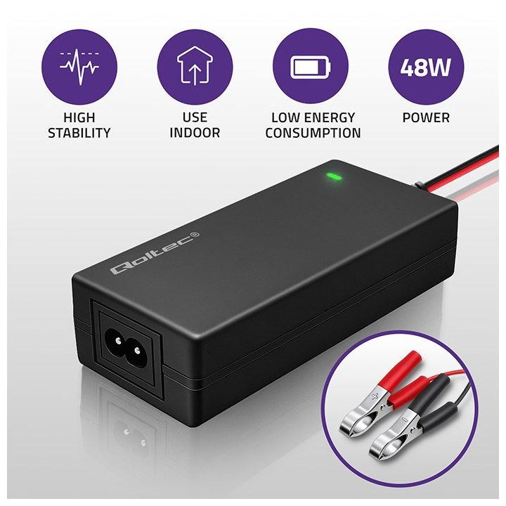 Qoltec 52665 Automatic charger for AGM GEL STD batteries | 24V charger | 2A | 48W | LED | 1.8m cable