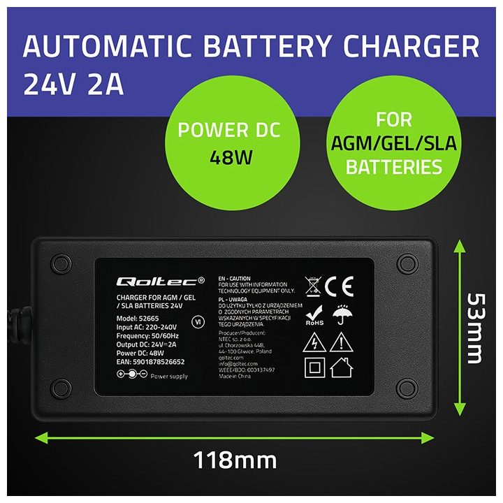 Qoltec 52665 Automatic charger for AGM GEL STD batteries | 24V charger | 2A | 48W | LED | 1.8m cable