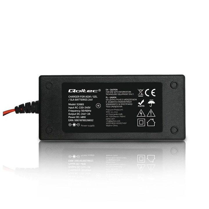 Qoltec 52665 Automatic charger for AGM GEL STD batteries | 24V charger | 2A | 48W | LED | 1.8m cable
