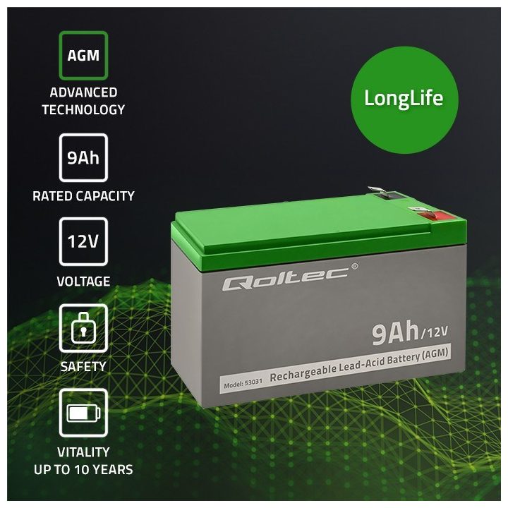 Qoltec 53031 AGM battery | 12V | 9Ah