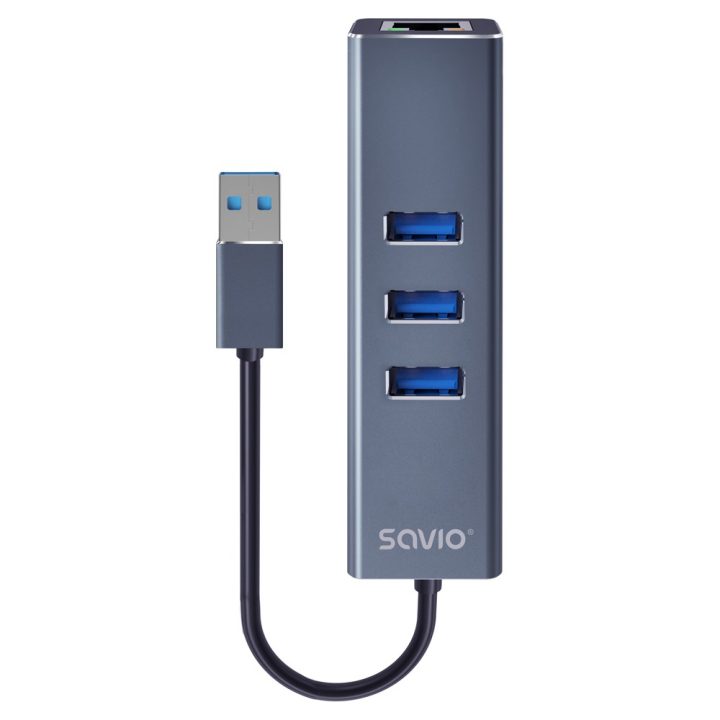 Savio AK-57 USB-A - 3 x USB-A HUB with RJ-45 Gigabit Ethernet adapter 5000 Mbit/s grey USB 3.2 Gen 1 (3.1 Gen 1) Micro-B 5000 Mb