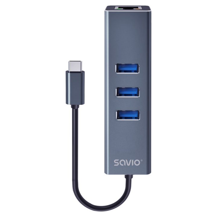 Savio AK-57 USB-C - 3 x USB-A HUB with RJ-45 Gigabit Ethernet adapter 5000 Mbit/s grey
