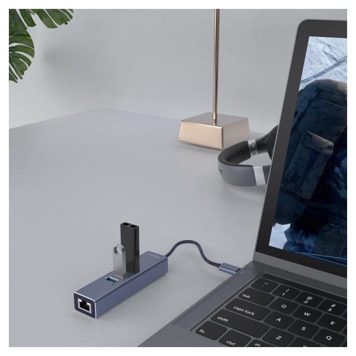 Savio AK-57 USB-C - 3 x USB-A HUB with RJ-45 Gigabit Ethernet adapter 5000 Mbit/s grey