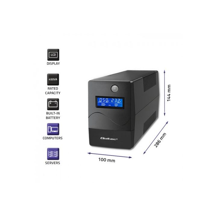 Qoltec Monolith uninterruptible power supply (UPS) Double-conversion (Online) 0.45 kVA 240 W 2 AC outlet(s)