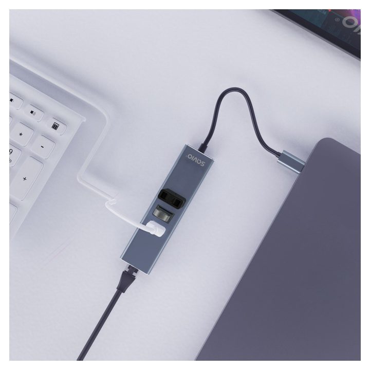 Savio AK-57 USB-C - 3 x USB-A HUB with RJ-45 Gigabit Ethernet adapter 5000 Mbit/s grey