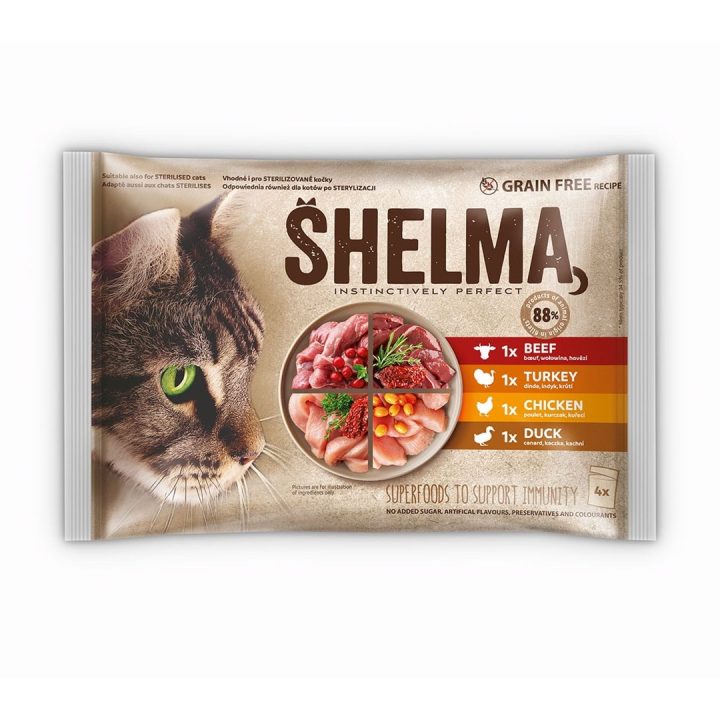 SHELMA Rich in chicken turkey beef and duck - wet cat food - 4x85g