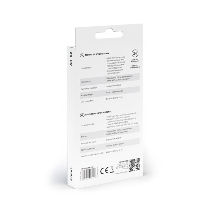 Adapter Savio DisplayPort (M) v1.2 - HDMI A (F) v1.4 4K AK-62
