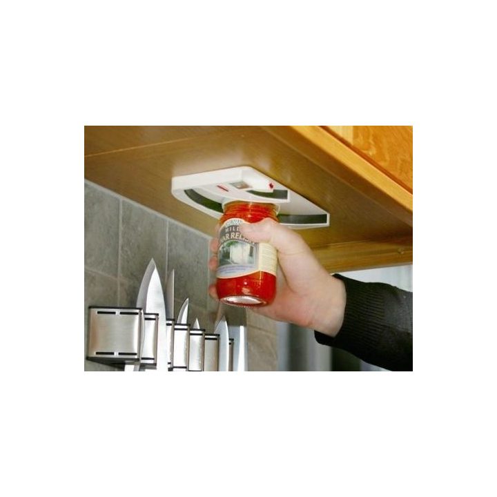 Jar and bottle opener under-cabinet mounted