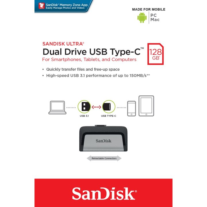 Sandisk Ultra Dual Drive USB Type-C USB flash drive 128 GB USB Type-A / USB Type-C 3.2 Gen 1 (3.1 Gen 1) Black Silver