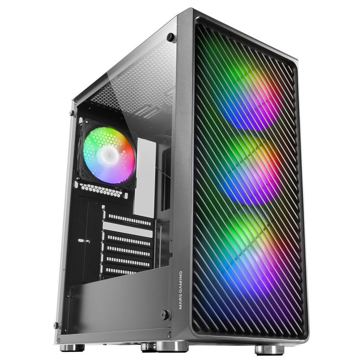 Mars Gaming MC-F Black ATX Gaming Semitower Full Tempered Glass Window Metal-Mesh Front 4x 120mm ARGB Fans