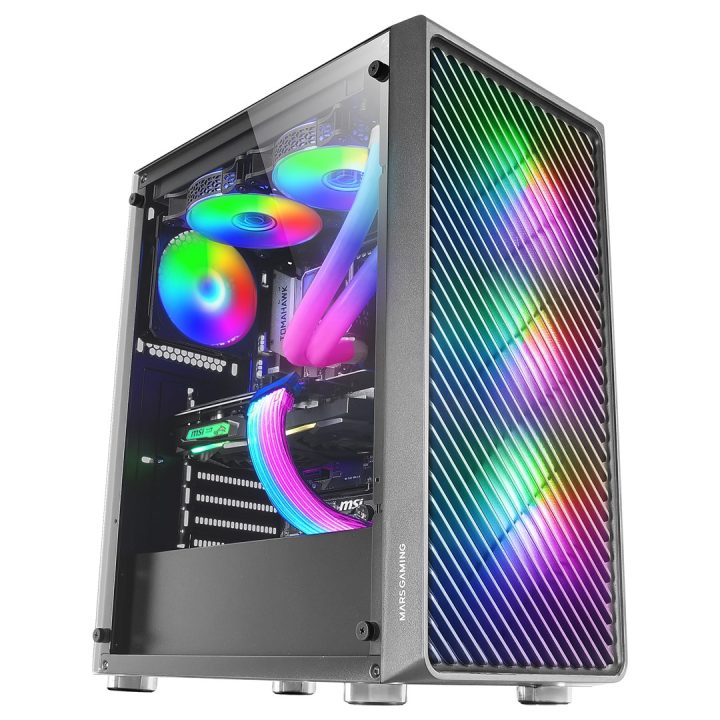 Mars Gaming MC-F Black ATX Gaming Semitower Full Tempered Glass Window Metal-Mesh Front 4x 120mm ARGB Fans
