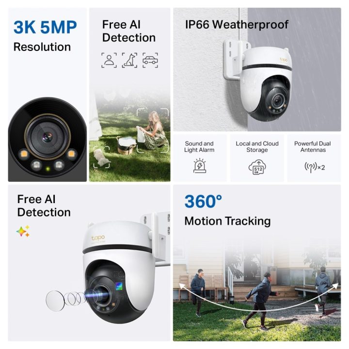 TP-Link Outdoor Pan/Tilt Security Wi-Fi Camera SPEC: 3K 5MP (2880x1620) 2.4 GHz 2 × External Antennas 1 × Ethernet Port Horizont