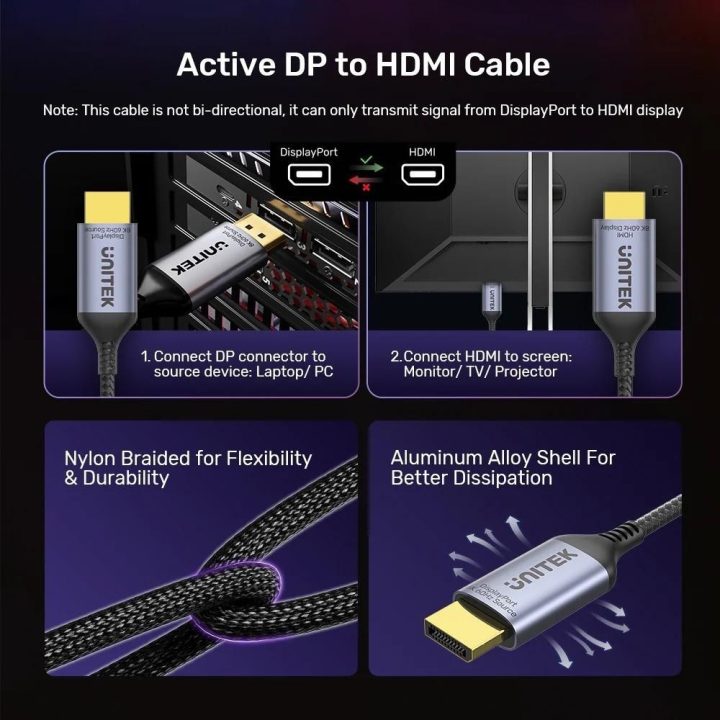 UNITEK CABLE DISPLAYPORT 1.4 TO HDMI 2.1 8K 1.8M