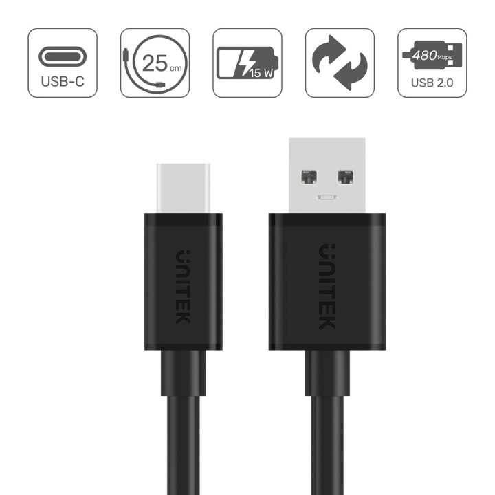 UNITEK USB CABLE USB-A — USB-C 25CM Y-C480BK