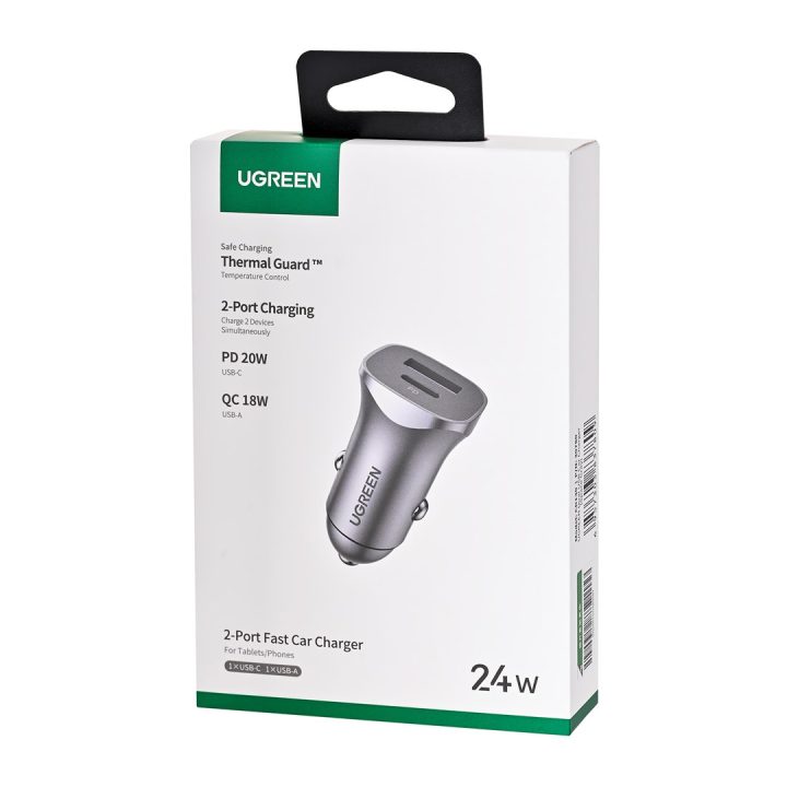 Ugreen USB Type-C / USB 24W Power Delivery Quick Charge car charger grey (30780)