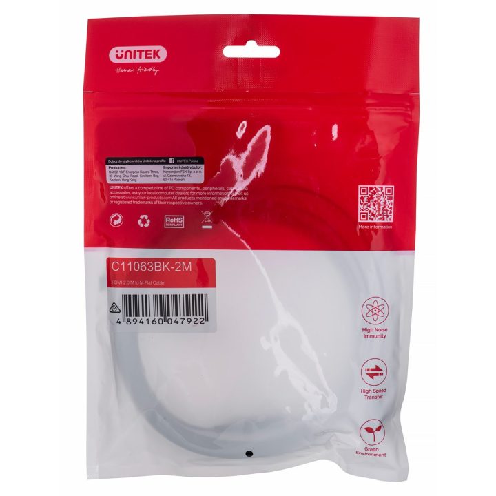UNITEK HDMI CABLE 2.0 4K60HZ FLAT 2M C11063BK-2M