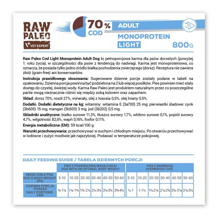 VETEXPERT Raw Paleo Cod Light Monoprotein - wet dog food - 800g