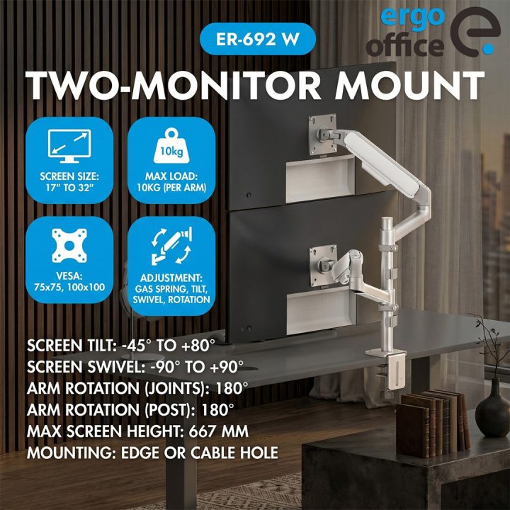 Ergo Office Mount/Hanger for 2 Monitors Gas Spring 17 -32 1-10 kg Matte White ER-692 W